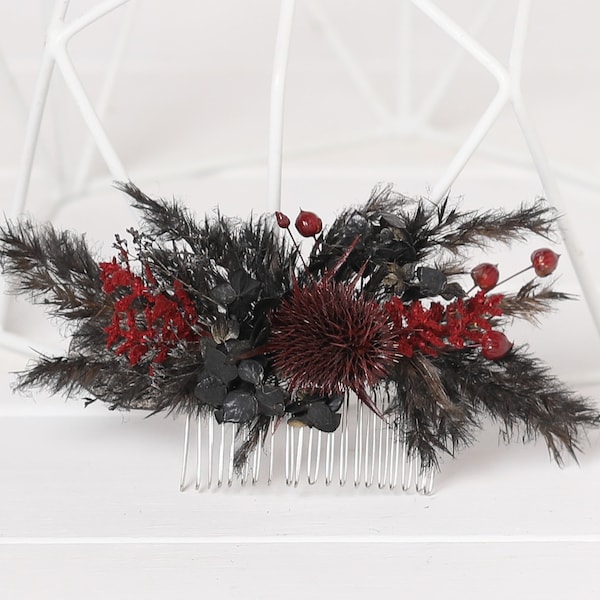 Burgundy black gothic hair comb,  black gothic wedding hair accessories, burgundy black hair piece bridesmaid, Halloween  floral hair comb