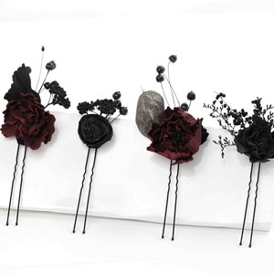 4er Set bordeaux schwarz gothic Haarnadeln Hochzeit Haarschmuck bordeaux bordeaux Blumen Blume Haarnadeln Haarteil Brautjungfer