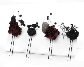 Set of 4 burgundy black gothic hair pins wedding hair accessories bridal burgundy flowers flower hair pins hairpiece bridesmaid