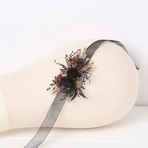 Black burgundy corsage, black goth corsage, gothic wedding corsage, burgundy wedding corsage