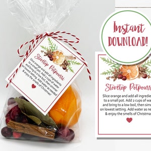 May include: A printable gift tag for a stovetop potpourri recipe. The tag is white with red text and features a watercolor illustration of orange slices, cranberries, cinnamon sticks, and pine cones. The text reads "Stovetop Potpourri" and includes instructions for making the potpourri.