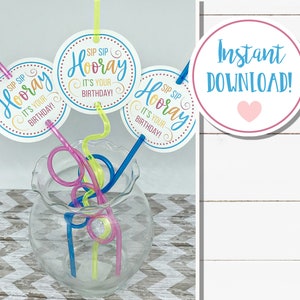 SIP SIP  HOORAY Birthday Gift Tags 3" Circle