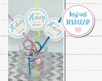 SIP SIP  HOORAY Birthday Gift Tags 3" Circle