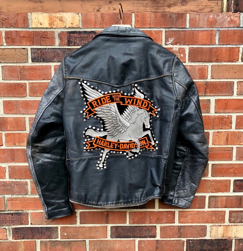 Vintage Studded Leather Jacket With Harley Davidson Pegasusback Patch