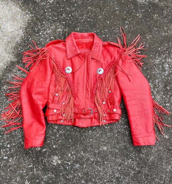 Vintage Cherry Bomb Red Leather Fringe Concho Moto