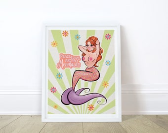 Mermaid Art Pinup Girl, Hippie Illustration, 60s Pinup Girl, Pinup Style, Vintage Inspired, Art Print, Pinup Art, Retro Inspired