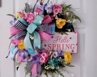 Hello Spring Wreath for Front Door, Spring Decor, Spring Grapevine Wreath