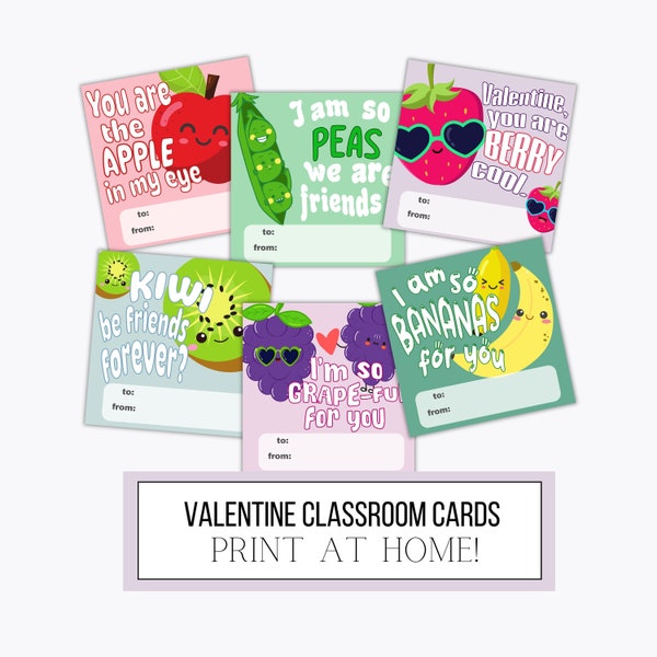 DIGITAL fruit puns Valentines Day classroom card, classroom exchange cards, gifts, kids, school printable, instant download, valentine humor