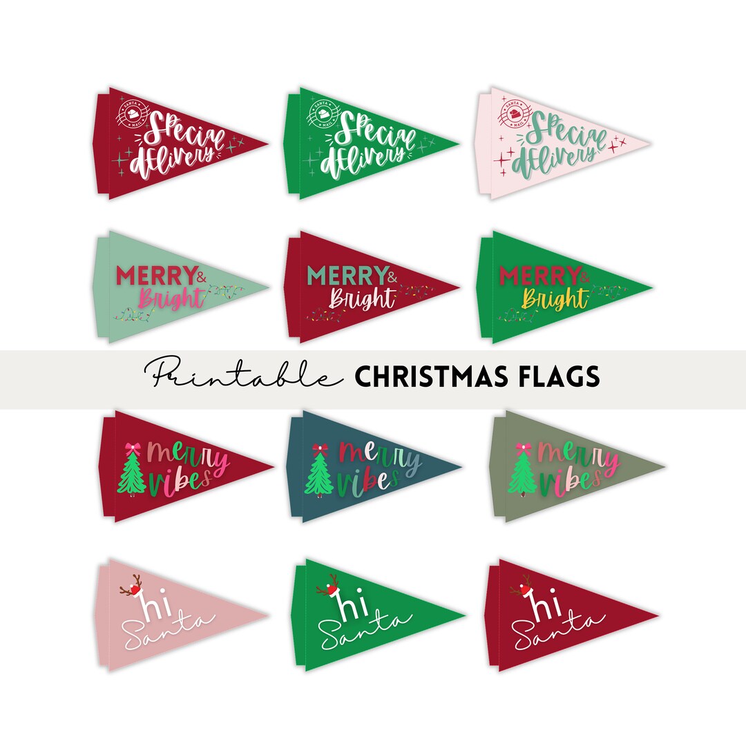 Printable Christmas Flags, Holiday Pennants, Christmas Stocking Flags, Holiday Gift Flags, Santa