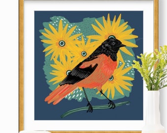 Oriole + Black-Eyed Susans (Ode to Maryland), 2020, Print by Kayla Cooper (BrightPopShop)