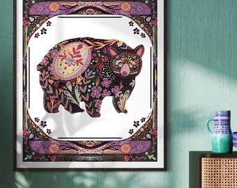Stampa artistica Blossom and Bear, decorazione murale boho, arte ispirata alla natura di Kayla Cooper/BrightPopShop