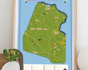 Può includere: Una mappa incorniciata della contea di Loudoun, Virginia, con uno sfondo blu e un contorno verde della contea. La mappa è decorata con icone gialle e bianche che rappresentano diversi punti di interesse e monumenti. Il titolo della mappa è "The Balmer Hills of Loudoun County, VA".
