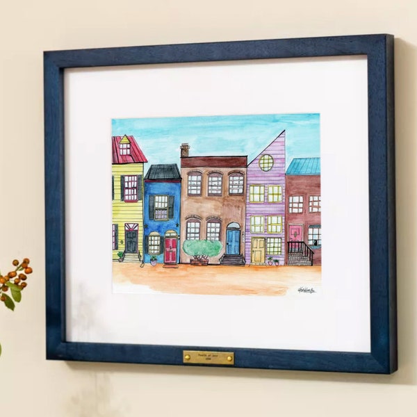 Old Town Alexandria Row Homes, Watercolor Framed Print with Bronze Plaque by Kayla Cooper (BrightPopShop)