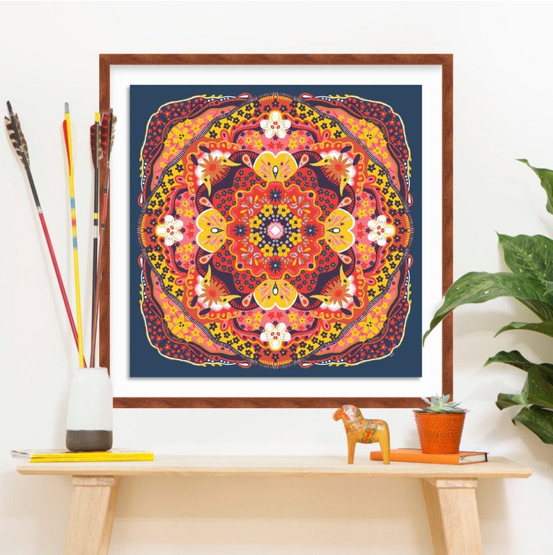 BrightPopShop@KKMart23 Folk Art Mandala 2020 Red Flowers Framed Art by Kayla Kinsella Meier