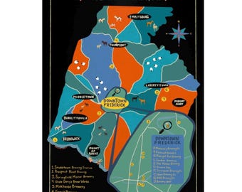 Può includere: Una mappa colorata della contea di Frederick, MD, che evidenzia i birrifici locali. La mappa presenta sezioni arancioni, blu e verdi con nomi di città e posizioni dei birrifici. Il testo include "The Breweries of Frederick County, MD" e una mappa dettagliata di Downtown Frederick.