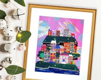 Alexandria, VA Giclee Print 8"w x 10"h or 4" x 5", BLUE or PINK background, unframed, by Kayla Cooper (BrightPopShop/ @BrightPopShopArt)