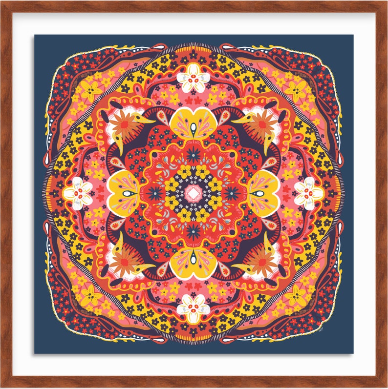 BrightPopShop@KKMart23 Folk Art Mandala 2020 Red Flowers Framed Art by Kayla Kinsella Meier