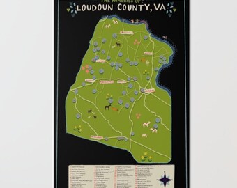 Può includere: Una mappa della contea di Loudoun, Virginia, che mostra le posizioni delle cantine vinicole. La mappa è illustrata con cavalli, fiori e una bussola. Il testo "The Wineries of Loudoun County, VA" è in cima alla mappa.