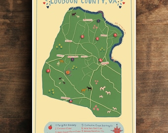 Può includere: Una mappa decorativa della contea di Loudoun, VA, con illustrazioni di cavalli e fiori. La mappa evidenzia distillerie, sidrerie e aziende vinicole, con posizioni numerate e i nomi corrispondenti.