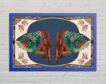 May include: A framed rectangular print featuring two mirrored fish heads in teal, yellow, and red, set against a dark blue oval background. The border displays intricate patterns in cream, blue, and red, all enclosed in a solid blue frame.