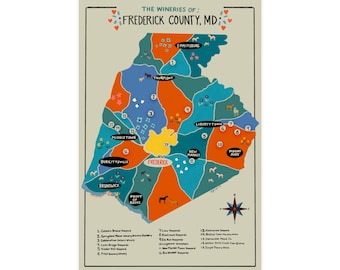 Può includere: Un poster con una mappa della contea di Frederick, MD, che evidenzia le aziende vinicole locali. La mappa è divisa in sezioni colorate con nomi di città e posizioni delle aziende vinicole. Elementi decorativi includono cuori e una rosa dei venti.