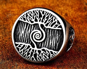 Tree of Life Signet Ring Viking Stainless Steel Norse Celtic Yggdrasil Ring (size P - Z)