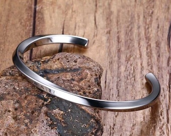 Mens Silver Cuff Bracelet / Polished Twisted Stainless Steel Bangle / Bracelets for Men