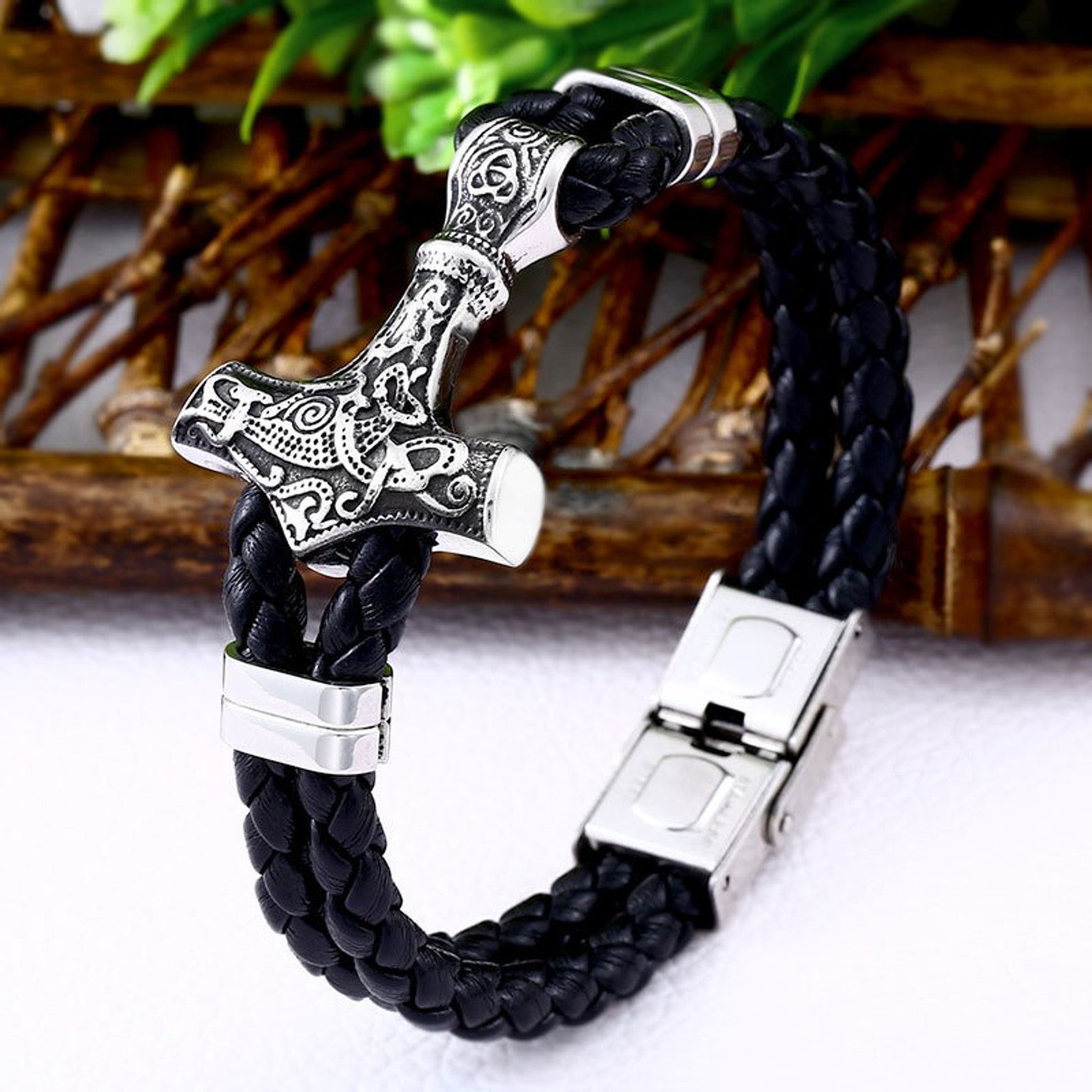 Mens Thor's Hammer Bracelet Leather Stainless Steel Viking Etsy UK