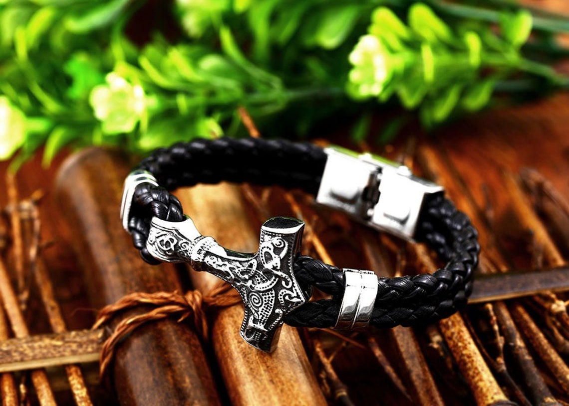 Mens Thor's Hammer Bracelet Leather Stainless Steel Viking Etsy UK
