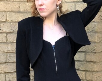 80s 90s Vintage Black Bodycon Bandage Wiggle Matching Bustier Cocktail Dress & Bolero Cropped Jacket Retro Diamante Joseph Ribkoff