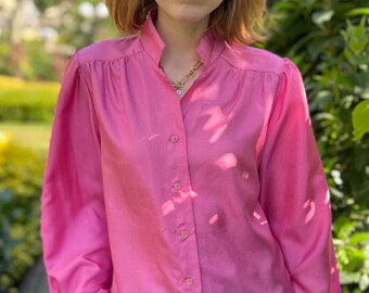 80s Candy Pink Dobby Vintage Blouse Puff Sleeves Retro Girly Shirt