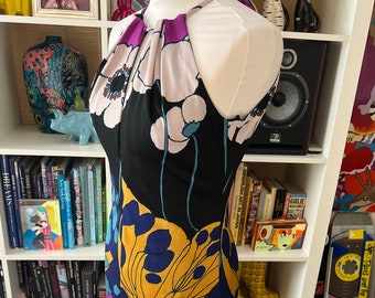 70s Psychadelic Trippy Boho Floral Keyhole Midi Dress Vintage Retro