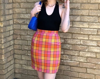 80s Vintage Colourful Plaid Tartan Pencil Midi Mini Pencil Skirt Retro