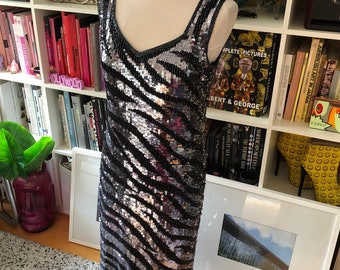 RARE 80s 90s Vintage Silver Black Zebra Animal Sequin Beaded Formal Prom Cocktail Long Gown Retro Glam Party