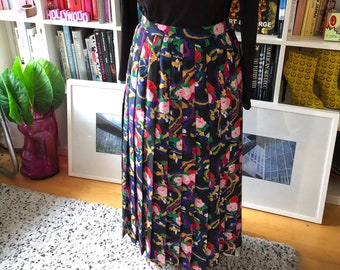 80s Rose Floral Pleated Full A-Line Midi Skirt Vintage Retro