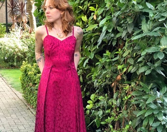 80s 90s 00s Vintage Red Burgundy Maroon Brocade Satin Party Formal Prom Long Maxi Dress Gown Retro Glam