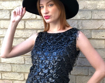 60s Vintage Black Beaded Sequin Cocktail Formal Party Top Retro Glam