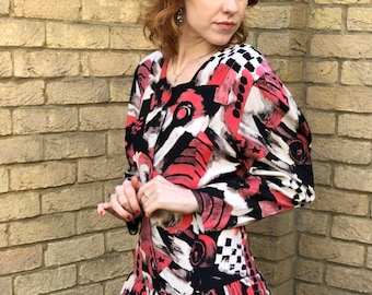 80s Vintage Checkerboard Harlequin Red, Black and White Long