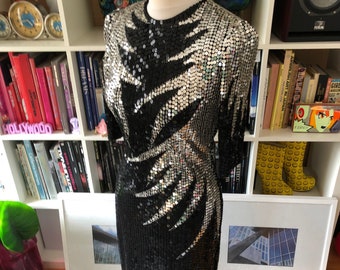 RARE 80s Vintage Black Silver Sequin Evening Party Prom Cocktail Dress