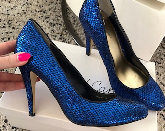 80er Jahre Roland Cartier Metallic Blue Studio 54 Disco Heels Schuhe Pumps Stilettos Retro Funky Vintage Glam