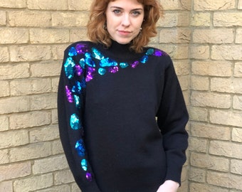 80s Sequin Knit Sweater Jumper Dress with Shoulder Pads Retro Funky Oversized