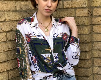 Vintage flowy equestrian foulard scarf print blouse wide sleeves 1980s 80s