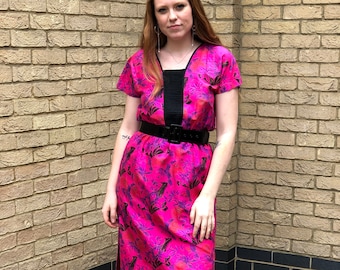 80s Hot Pink Satin Peony Floral Dress Cocktail Casual Retro Funky Avant Garde Glam