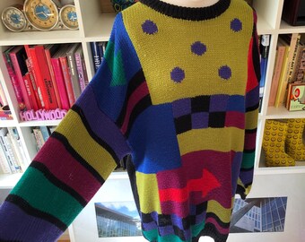 80s Rainbow Abstract Colourful Geometric Vintage Oversized Knit Sweater Jumper Retro Funky