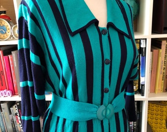 80s Vintage Blue Green Striped Knit Longsleeve  Jumper Sweater Dress