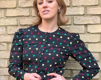 Vintage 80er Jahre Schwarz Regenbogen Polka Dot Rüschen Langarm Bluse Top Shirt Retro