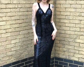 80s Vintage Black Sequin Beaded Strappy Formal Prom Long Gown Sexy Retro Glam- 2 Sizes!