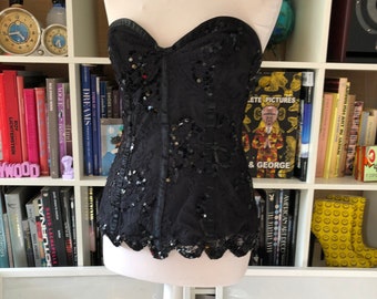 Haut rétro bustier en dentelle noire à sequins et corset rétro années 80-90