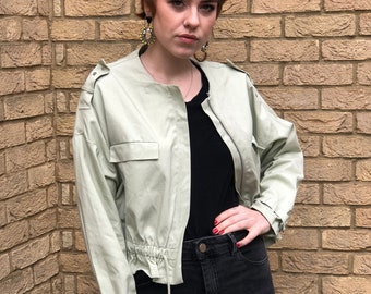 80s Khaki Beige Tan Cropped Minimal Bomber Lightweight Jacket Retro Utility Chic