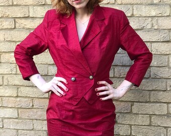 80s Vintage Red Tafetta Shantung Silk Matching Bustier Cocktail Dress & Tailored Jacket Retro Sexy Vamp Bombshell